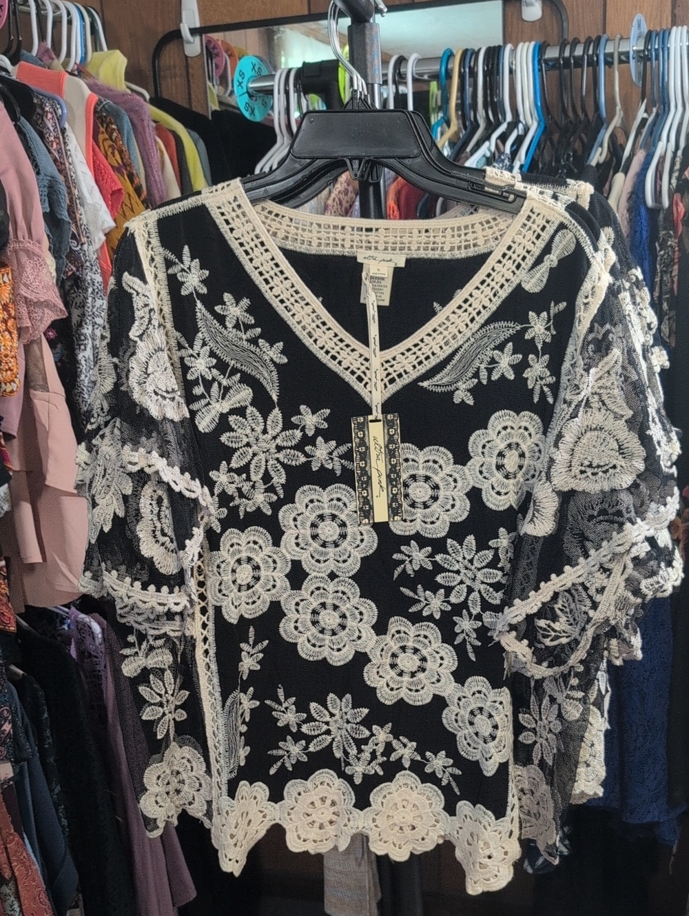 Ultra Pink Black Crochet Lace Floral Overlay Top with Cream Embroidery NWT S-XL